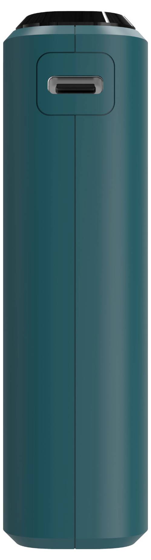 Een rechthoekig, groenblauw apparaat met een USB-C-poort in het midden nabij de bovenkant, staand rechtop tegen een witte achtergrond.