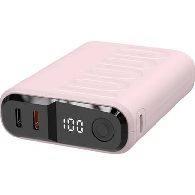 Een roze draagbare powerbank met een digitaal display waarop '100' staat. Hij heeft één USB-C- en één USB-A-poort, en een gestructureerd oppervlak voor een betere grip.