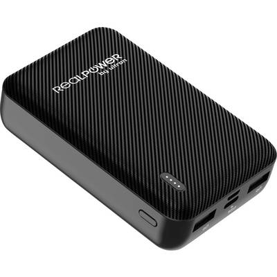 Een zwarte RealPower powerbank met een gestructureerde oppervlakte, voorzien van twee USB-uitgangspoorten, één ingangspoort en een batterij-indicator.