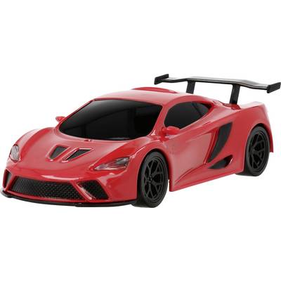 Een slanke rode speelgoed sportwagen met een grote achterspoiler en zwarte accenten, ontworpen om een hoogpresterende racewagen na te bootsen.