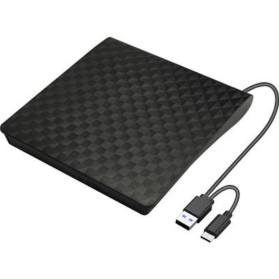 Een slanke, zwarte externe dvd-speler met een gestructureerd oppervlak en een dubbele USB-aansluiting voor het aansluiten op computers.