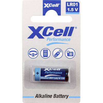 'XCell Performance Alkaline LR01 1,5V batterijverpakking met pictogrammen van een klok, afstandsbediening en camera, die gebruikstoepassingen aangeven."