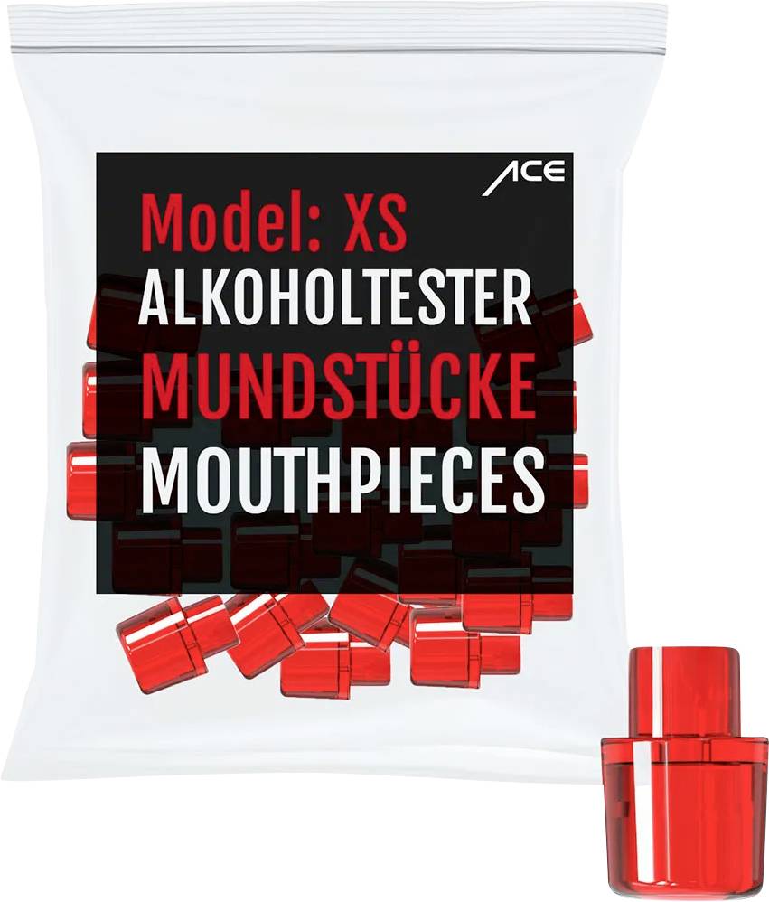 'ACE Model: XS Alcoholtester Mondstukjes' verpakking met rode mondstukjes zichtbaar aan de binnenkant.