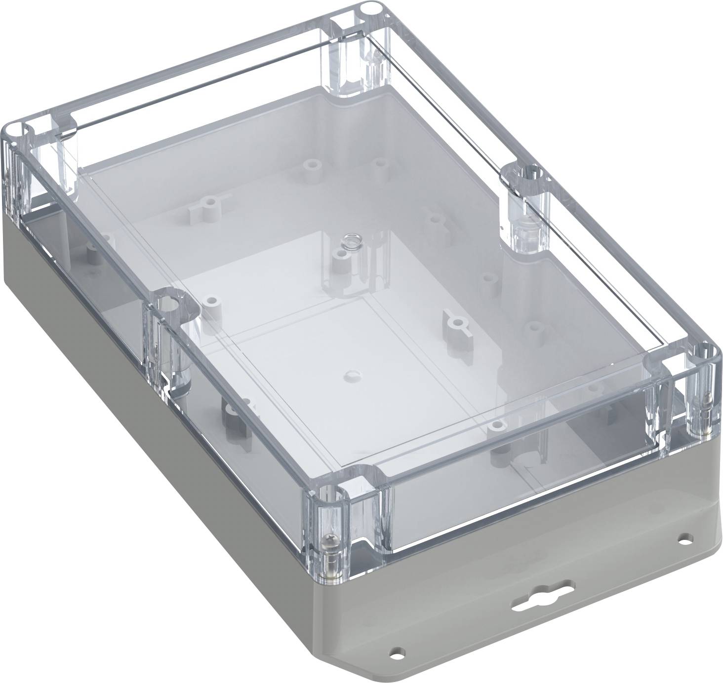 Transparante plastic behuizing met rechthoekige vorm en een scharnierend, doorzichtig deksel. Het wordt gebruikt voor het herbergen van elektronische componenten.