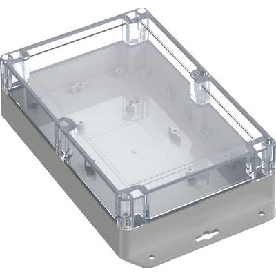 Transparante plastic behuizing met rechthoekige vorm en een scharnierend, doorzichtig deksel. Het wordt gebruikt voor het herbergen van elektronische componenten.