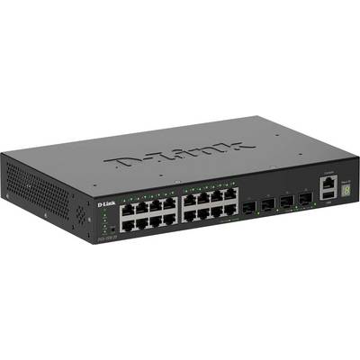 Een D-Link netwerk switch met 24 Ethernet poorten en 4 uplink poorten, gebruikt voor het verbinden van meerdere apparaten in een lokaal netwerk.