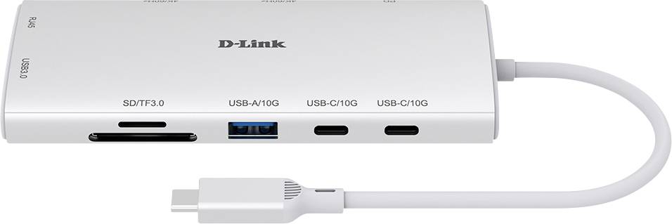 USB-C hub met SD/TF, USB-A en USB-C poorten. Bevat een korte ingebouwde kabel. Merknaam 'D-Link' zichtbaar op de hub.
