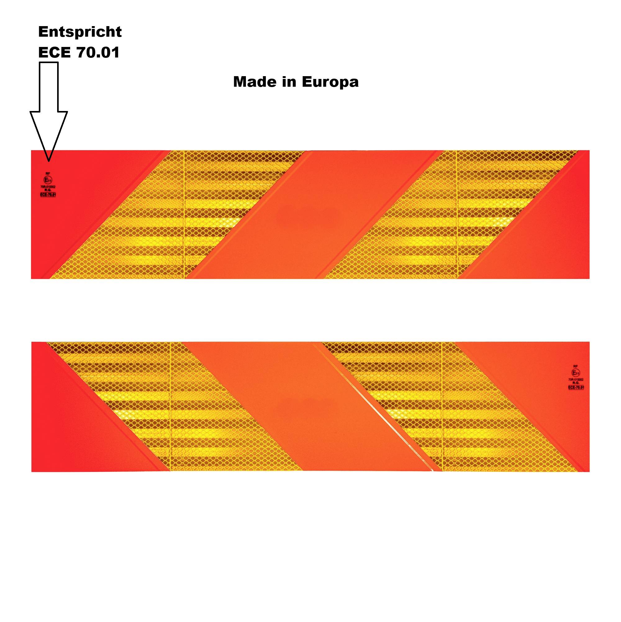 Twee rechthoekige reflecterende stickers, elk met afwisselende rode en gele diagonale strepen, voorzien van de tekst 'Entspricht ECE 70.01', 'Made in Europa'.