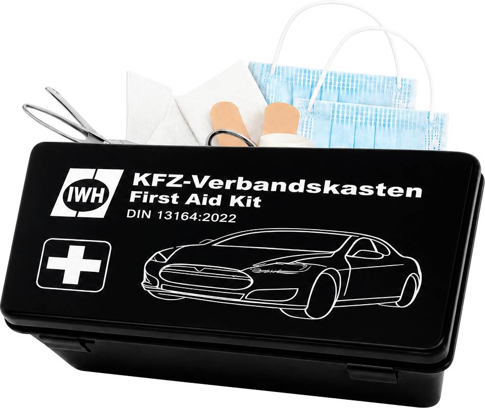 Zwarte eerste-hulpset doos met het label 'KFZ-Verbandskasten First Aid Kit, DIN 13164:2022' met een auto-omtrek en een wit kruispictogram.