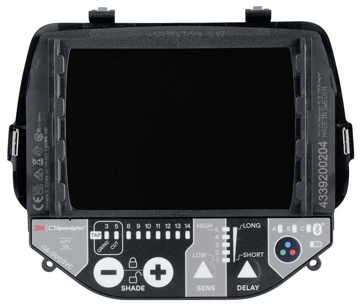 Een zwart lashelm bedieningspaneel met knoppen voor auto-modus, tint, gevoeligheid en vertragingsaanpassingen, naast indicatorlampjes.