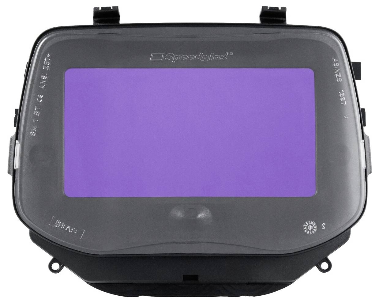 Veiligheidslaskap met gelaatsscherm en een groot rechthoekig paars getint vizier voor oogbescherming.