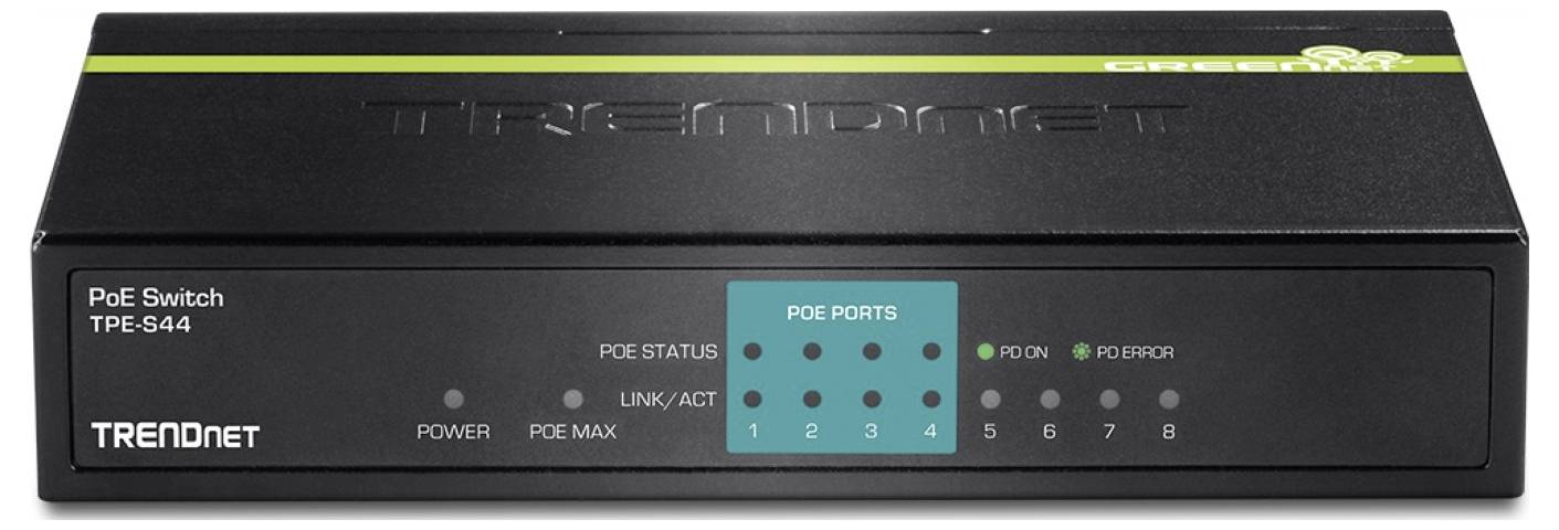 Een zwarte TRENDnet TPE-S44 PoE-switch met acht netwerkpoorten gelabeld van 1 tot 8, met voedings- en activiteitsindicatoren.