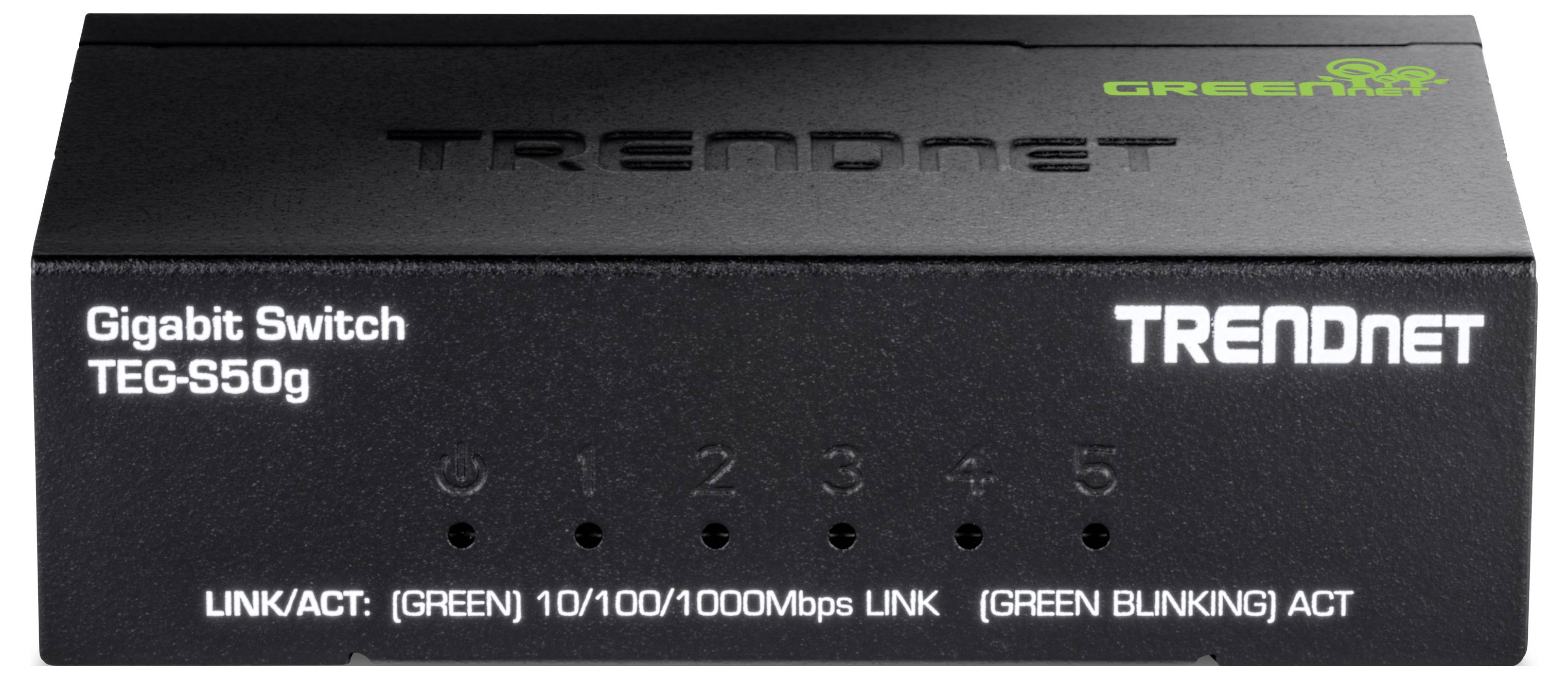 Een Trendnet gigabit switch met vijf Ethernet-poorten genummerd van 1 tot 5 en indicatoren voor link- en activiteitsstatus.