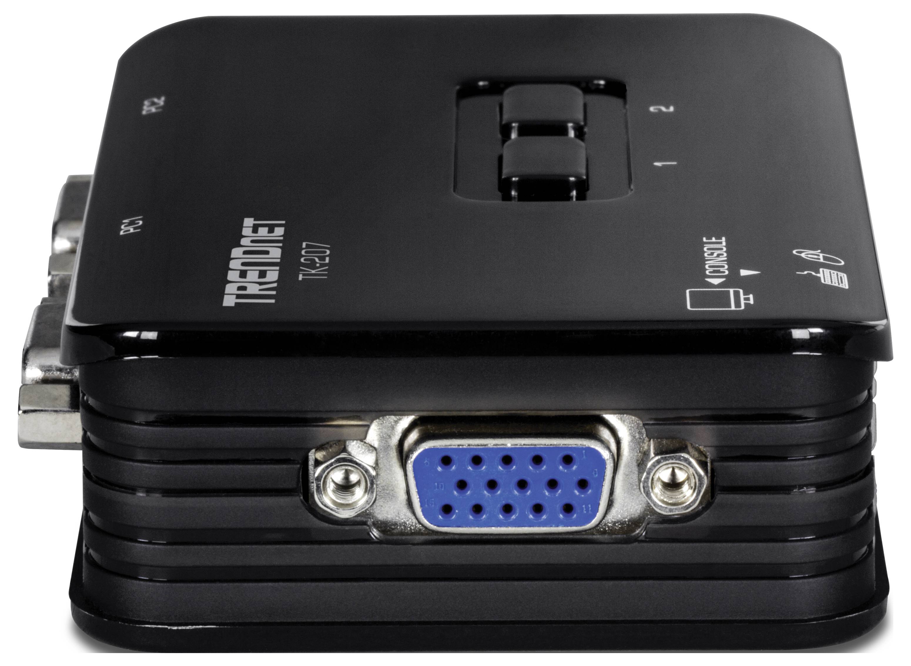 'Een zwarte TRENDnet KVM-switch met VGA-aansluitingen, bedieningsknoppen en poortindicatorlampjes op het bovenoppervlak.'