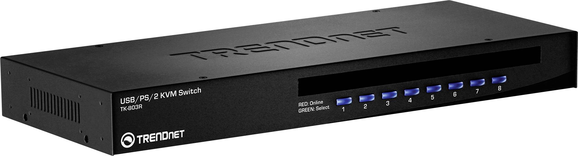 TRENDnet USB/PS2 KVM-switch met zeven blauwe schakelaars gemerkt 1-8 voor het besturen van verschillende computeringangen.