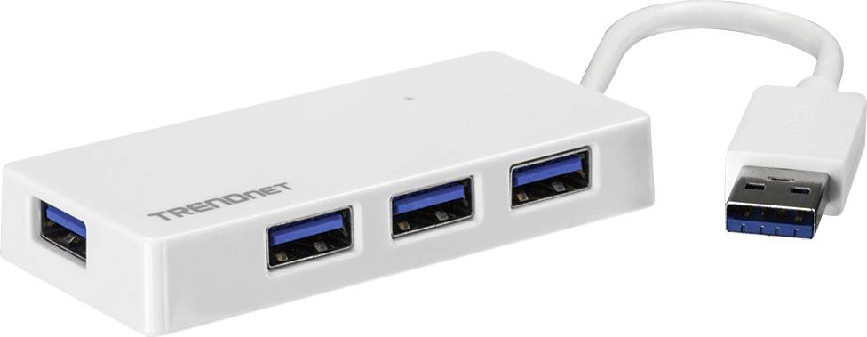Een witte TRENDnet USB-hub met vier USB-poorten en een aangesloten USB-kabel.
