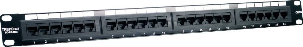 Een zwart patchpaneel met 24 Ethernet-poorten, georganiseerd in drie secties, gemarkeerd als '1-12' en '13-24', voor netwerkkabelmanagement.