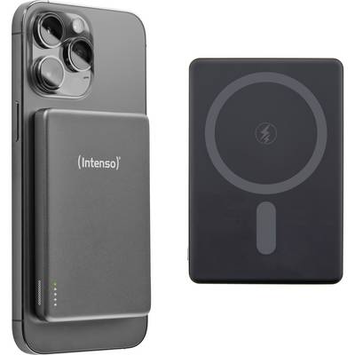 'Een strakke, grijze powerbank met het label "Intenso" bevestigd aan de achterkant van een smartphone, met een andere weergave van de powerbank ernaast.'