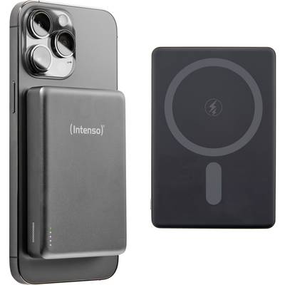 'Een smartphone met een groot camerablok is bevestigd aan een powerbank met 'Intenso'-branding. Naast deze powerbank wordt nog een soortgelijke powerbank getoond.'