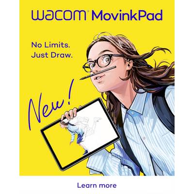 Een persoon met een bril houdt een digitaal tekentablet vast. Tekst luidt 'Wacom MovinkPad. Geen grenzen. Gewoon tekenen. Nieuw!'