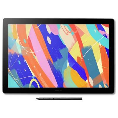 Een digitale tekentablet met een abstract meerkleurig kunstwerk, met gedurfde streken in blauw, rood, geel, oranje en roze.