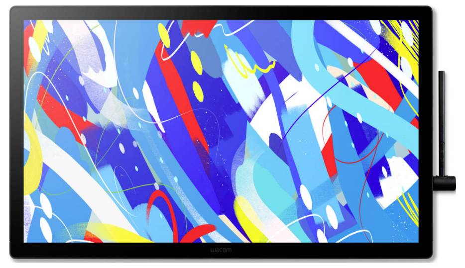 Een levendige, abstracte ontwerp weergegeven op een digitaal tabletscherm, dat een mix van blauwe, rode, gele en witte wervelingen en vormen toont.