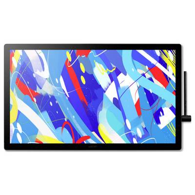 Een tablet met een stylus aan de zijkant, waarop een abstract digitaal kunstwerk wordt weergegeven in levendige blauwe, rode en gele kleuren.