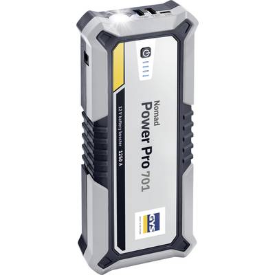 Draagbare jumpstarter gelabeld als 'Nomad Power Pro 701' met een 12V-uitgang en 1250A capaciteit, voorzien van USB-poorten aan de bovenzijde.