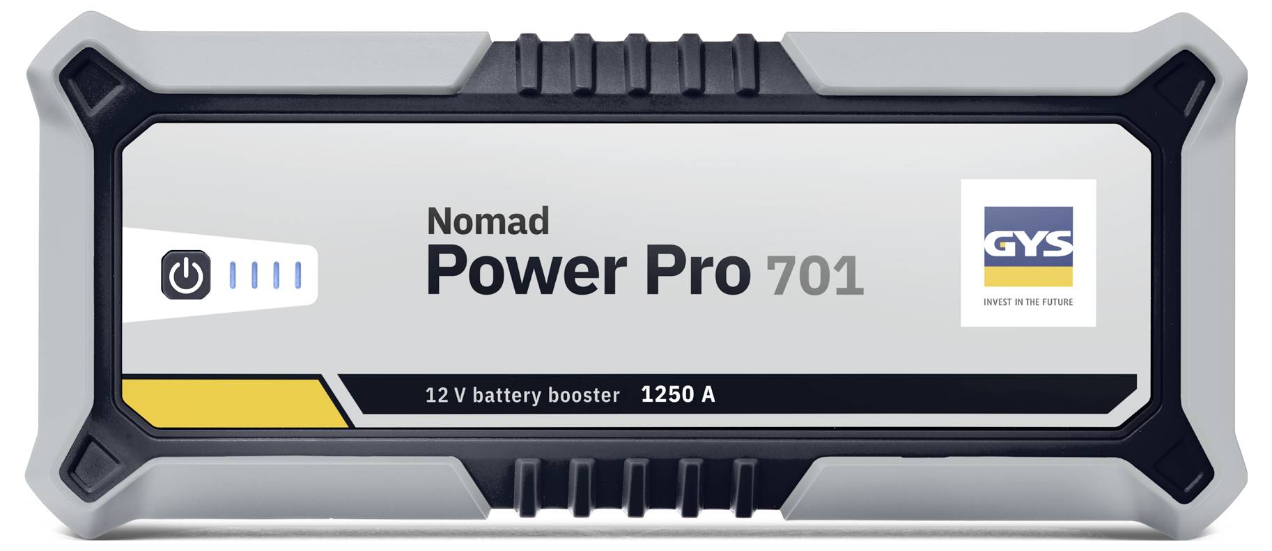 Accubooster gelabeld als 'Nomad Power Pro 701', 12V, 1250A met aan/uit-knop symbool en GYS-logo, ontworpen voor voertuiggebruik.