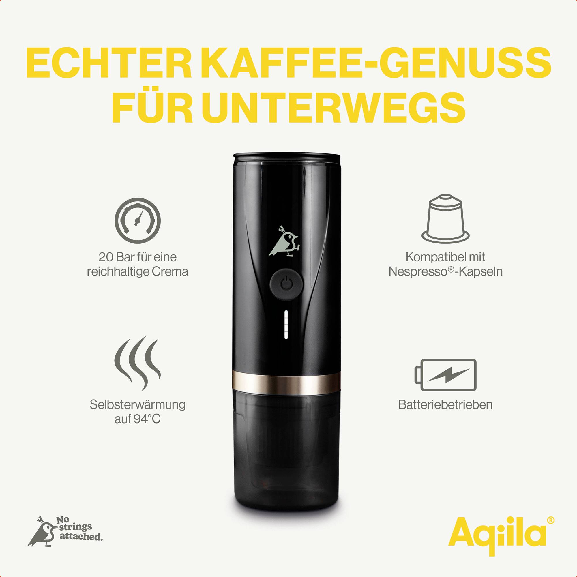 Een draagbare koffiezetmachine met 'ECHT KOFFIEGENOT ONDERWEG' tekst. Kenmerken zijn 20 bar druk, Nespresso-compatibiliteit, zelfverhitting en batterijvoeding. Merklogo weergegeven.