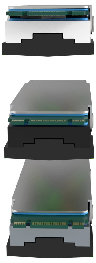 Drie aanzichten van een computercomponent met zichtbare circuitconnectoren, waarbij verschillende hoeken en ontwerpdetails worden getoond.