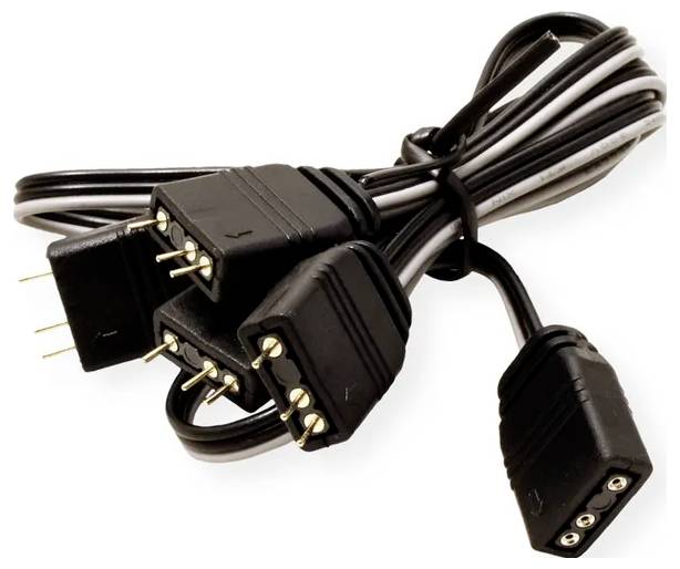Een close-up van een gebundelde set zwarte 3-pins ventilator aansluitkabels met aan de ene kant drie connectoren en aan de andere kant een enkele connector.