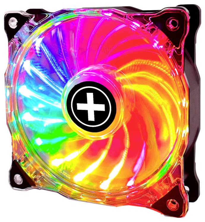 Een computerkoelventilator met levendige RGB-verlichting die een spectrum van kleuren vormt van rood tot blauw, met een centraal zwarte cirkel met een wit kruis.
