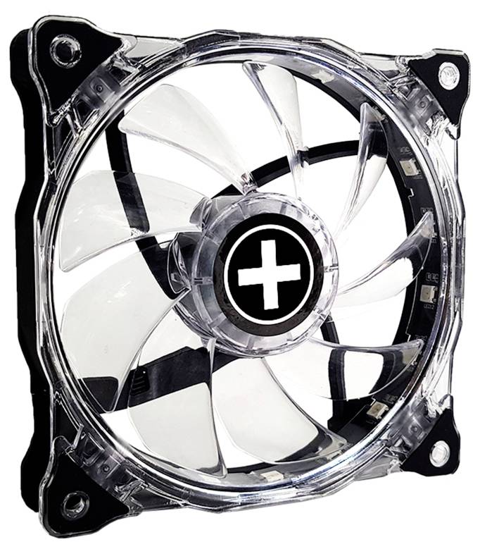 Een computerkoelingventilator met een transparant bladvormig ontwerp en een zwart frame met een centraal logo.