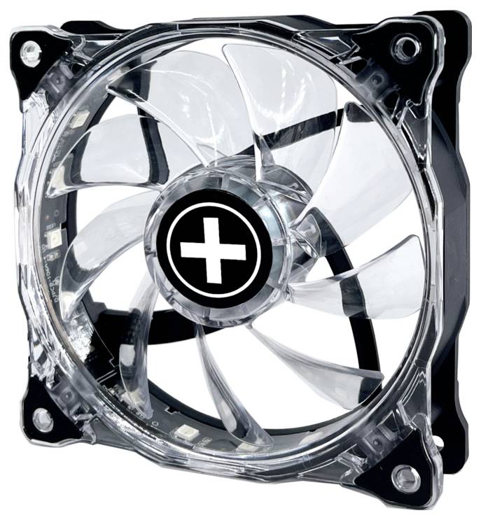 Een transparante computerfan met negen bladen en een centraal plus-symbool. Zwart frame met hoekmontages, ontworpen voor koelsystemen.