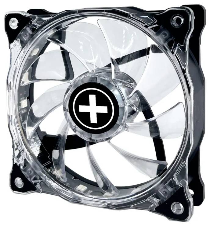 Een transparante computerkoelventilator met een zwart frame en een wit plus-symbool in het midden, gebruikt voor pc-behuizingsventilatie.