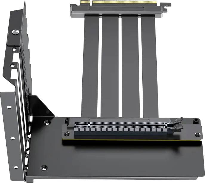'PCIe-riserstekker met een flexibele verlengkabel en beugel, waarmee verticale GPU-montage in een computerkast mogelijk is.'