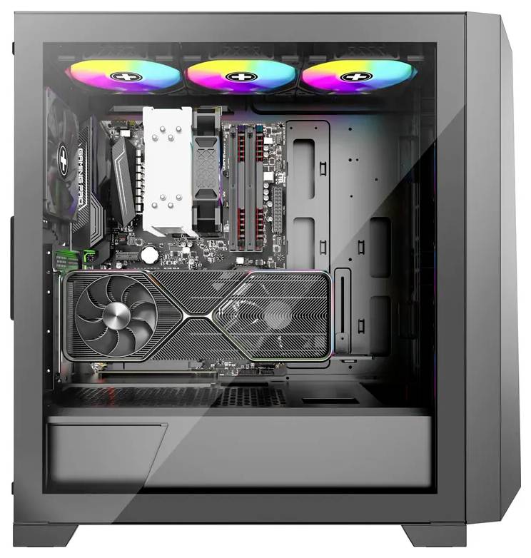 Een gamingdesktopcomputer met een glazen zijpaneel, waarop een RGB-verlichte koelsysteem, videokaart en andere interne componenten zichtbaar zijn.