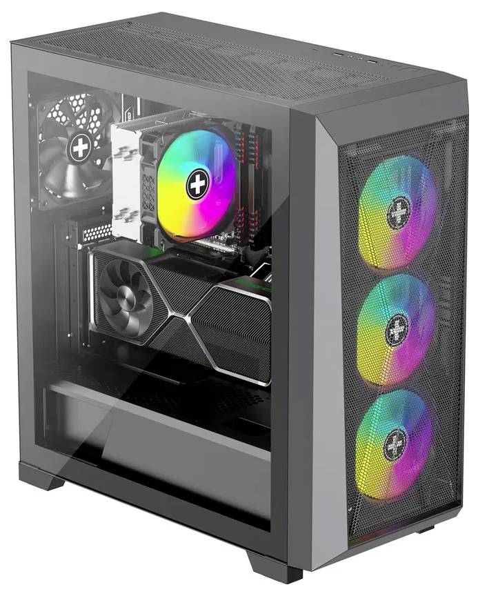 'Een gaming-pc met een transparant zijpaneel, waarin interne componenten zoals ventilatoren met RGB-verlichting, een grafische kaart en een koelsysteem zichtbaar zijn.'