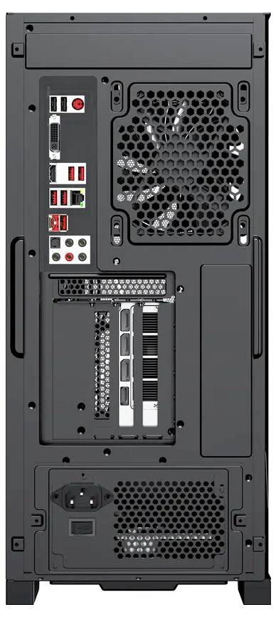 Achteraanzicht van een computerkast met poorten, uitbreidingssleuven en ventilatieventilator. Bevat voeding en USB-aansluitingen linksboven.