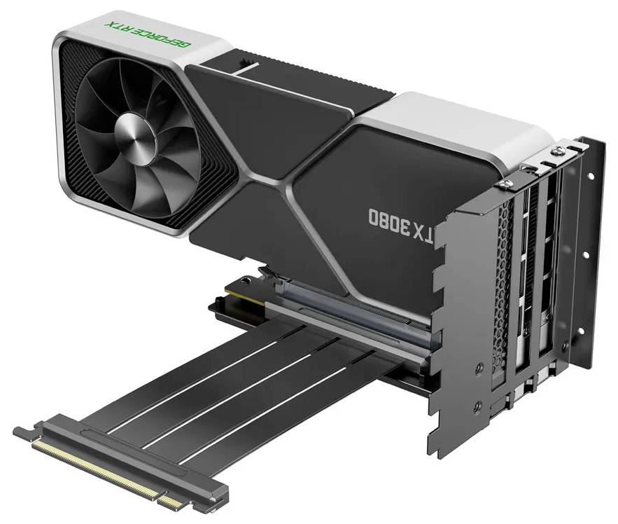 Een videokaart gemerkt als 'RTX 3080' met een zwart en zilver design, uitgerust met een grote koelventilator. Hij is aangesloten via een flexibele riser-kabel.