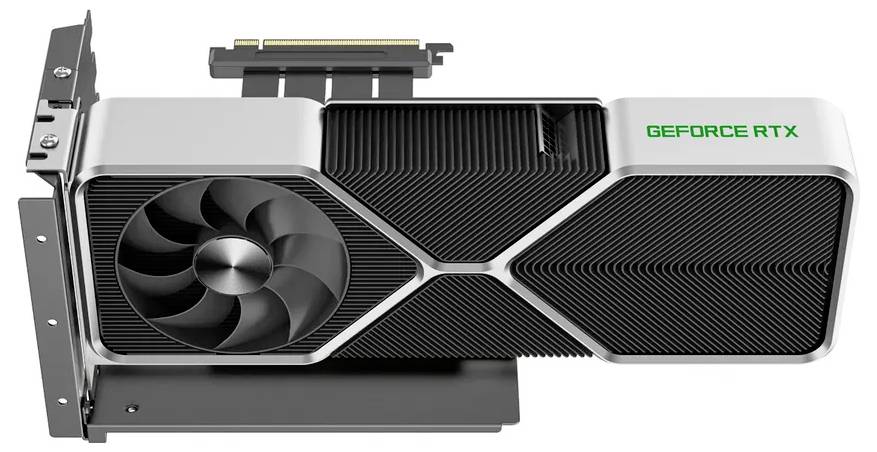 Een high-performance computervideokaart met een grote ventilator, koelsysteem, en het label 'GEFORCE RTX' in groene tekst op zijn metalen oppervlak.