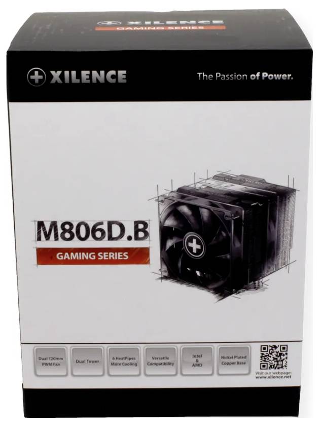 'Xilence M806D.B Gaming Series' CPU-koeler verpakking, met een foto van de koeler en de volgende functies vermeld: dubbele toren, ARGB, ruisonderdrukking.