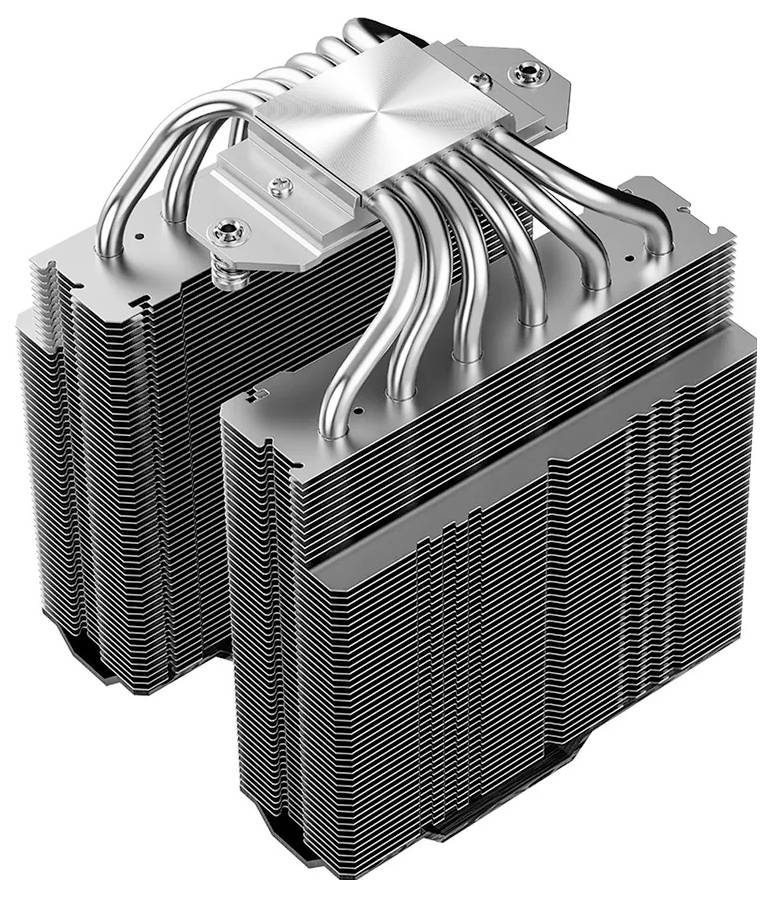 Een dubbele-toren CPU-koeler met meerdere heatpipes en aluminium vinnen, ontworpen voor optimale warmteafvoer in computersystemen.