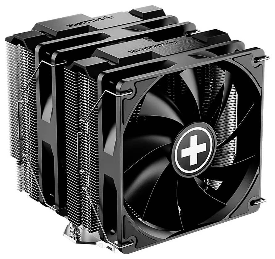 Een grote zwarte CPU-koeler met een dubbele toren ontwerp, voorzien van meerdere heatpipes en een prominente ventilator met een wit kruislogo.