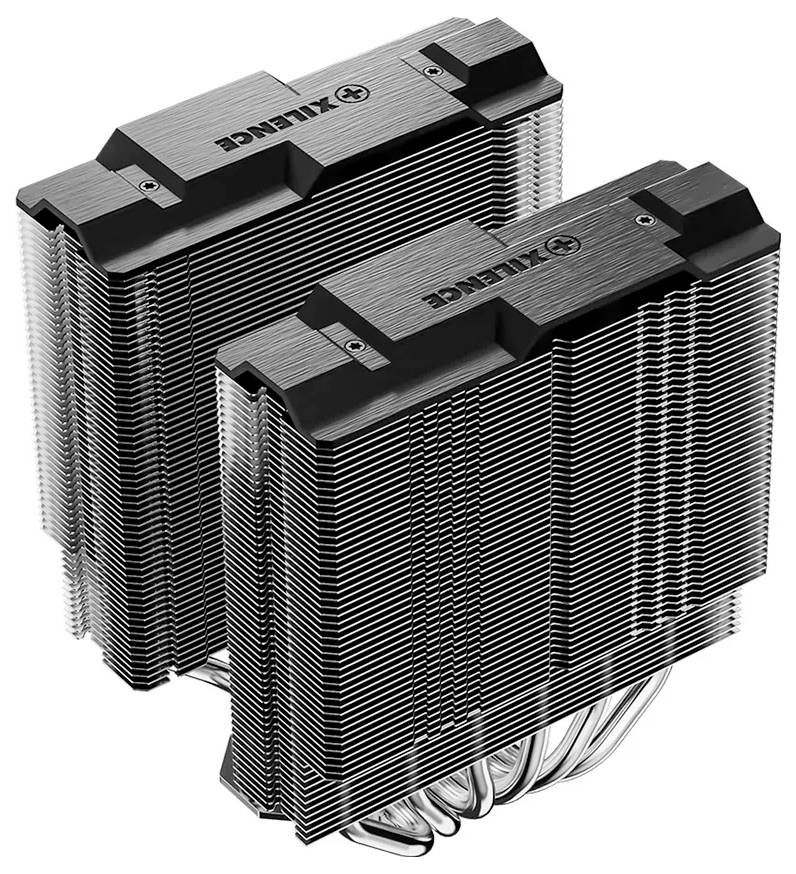 Een dubbele-toren CPU-koeler met meerdere aluminium vinnen en hittepijpen, van het merk 'Zalman', ontworpen voor effectieve warmteafvoer in computers.