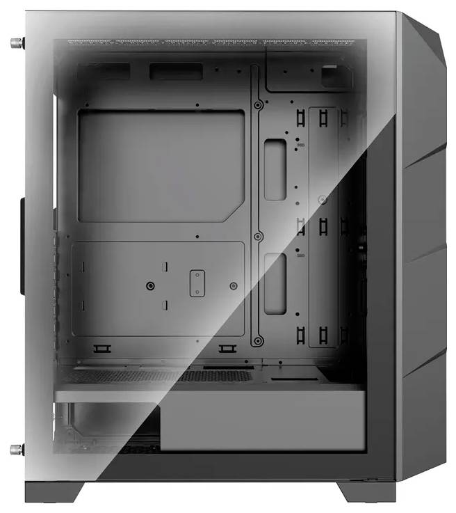 Een strak computerbehuizing met een gehard glazen zijpaneel, waarbij de lege binnenkant klaar is voor hardwareinstallatie.
