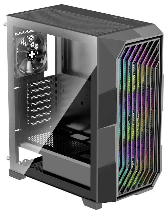 Een strak, leeg computerbehuizing met RGB-verlichting aan de voorkant, zijpaneel verwijderd, waarbij de koelventilatoren en uitbreidingssleuven aan de binnenkant zichtbaar zijn.