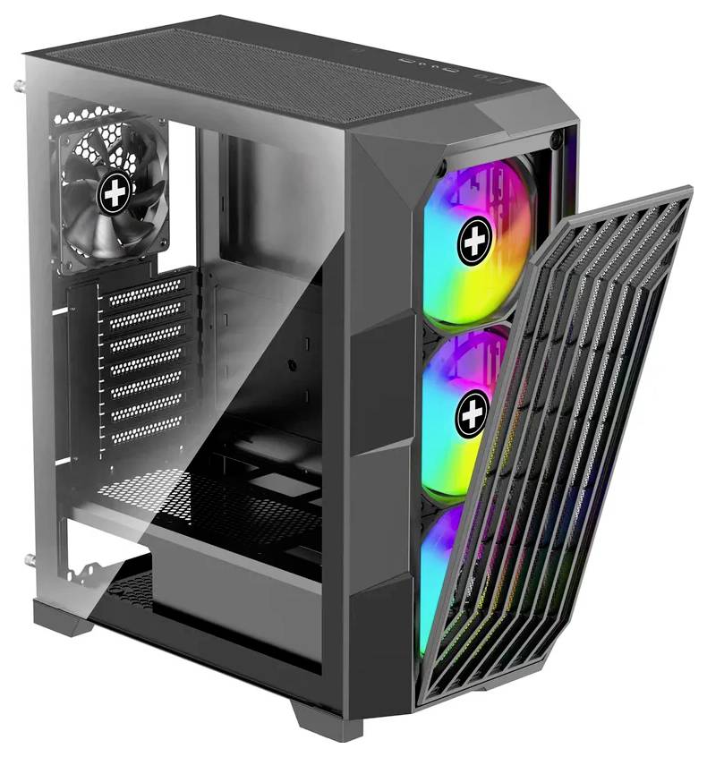 Een zwarte computerbehuizing met een transparant zijpaneel, een geëxposeerd interieur, drie naar voren gerichte RGB-fans met gloeiende kleuren, en een meshfront.