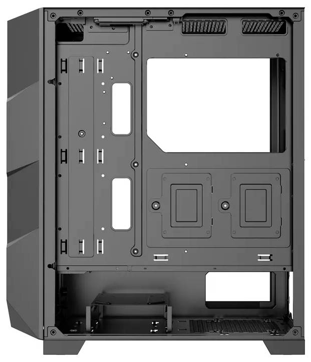 Een verticale zwarte computerbehuizing die de inwendige indeling toont met montage-opties voor componenten, kabelbeheersfuncties en ventilatie-gebieden.